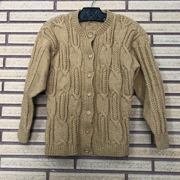 Vintage Handknit Camel Cable Knit Cardigan Sweater - Bust 30 - Size S - Picture 2 of 11